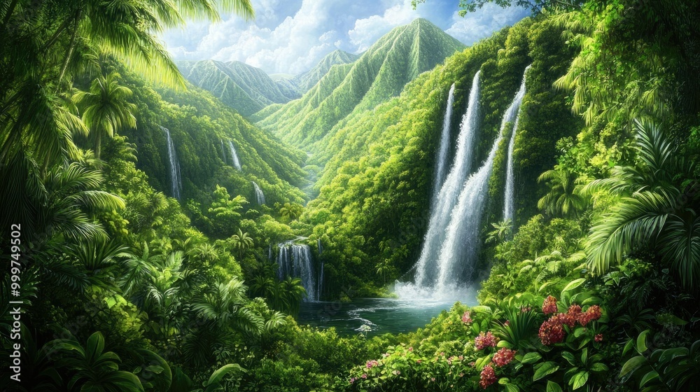 A lush, vibrant landscape featuring waterfalls, mountains, and rich greenery under a bright sky. A lush, vibrant landscape featuring waterfalls, mountains, and rich greenery under a bright sky.