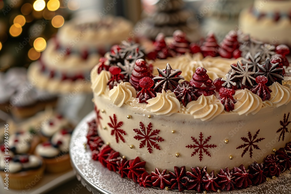 Naklejka premium A beautifully decorated holiday cake features intricate red and white designs, with festive sprinkles and frosting. Nearby, smaller desserts add to the festive atmosphere, enhancing the celebration