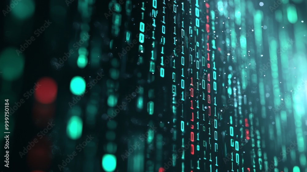 Abstract technology landscape featuring vibrant red and green digital binary code, symbolizing big data concepts and futuristic innovation in a closeup view. Abstract technology landscape featuring vibrant red and green digital binary code, symbolizing big data concepts and futuristic innovation in a closeup view.