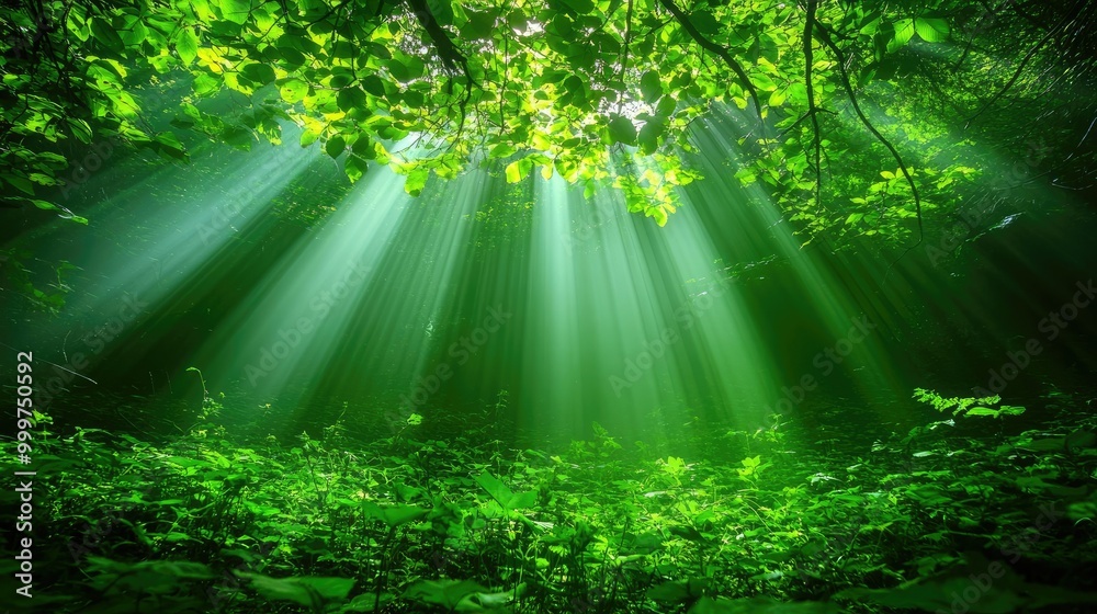 Obraz premium A serene forest scene with sunlight filtering through lush green leaves.