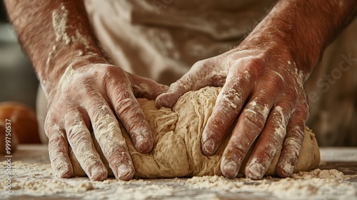 Close-up of hands kneading a ball of dough on a floured surface.