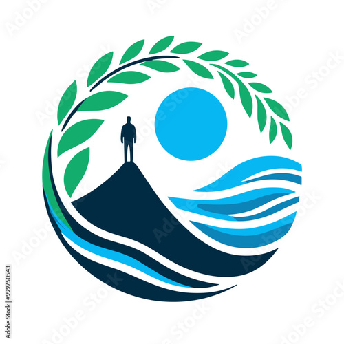 A man on top of a mountain with a circle of leaves around him, blue-green vector, trips, minimalist art style, abstract look, transparent background