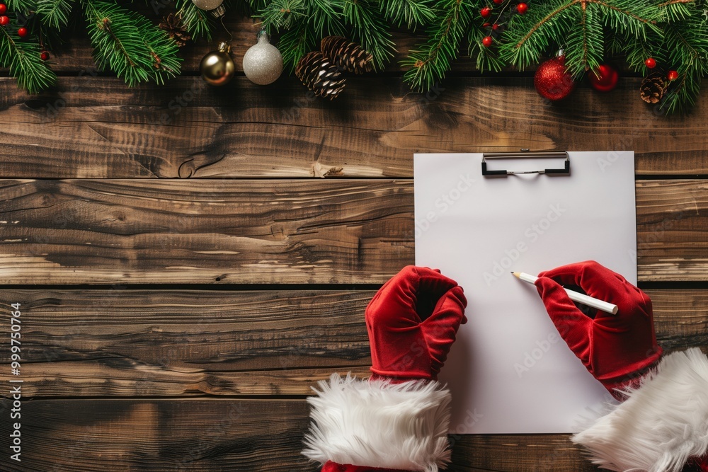 Obraz premium A person in a red Santa hat is writing a letter on a piece of paper
