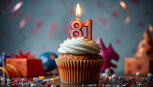 Birthday cupcake with burning lit candle with number 81. Number eighty-one for eighty-one years or eighty-first anniversary. photo