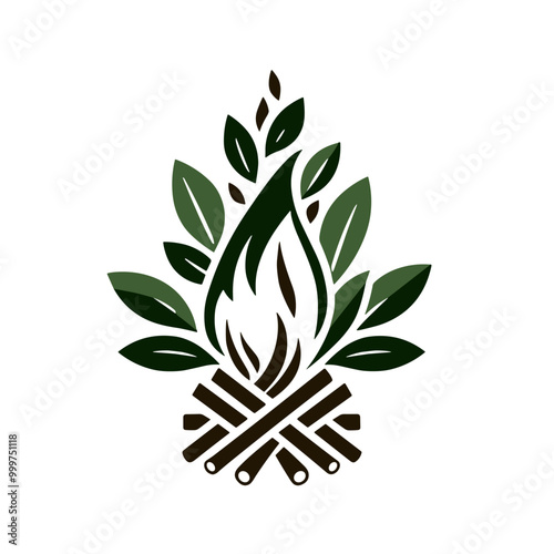 A tourist bonfire with leaves and flowers instead of flames, green-brown vector, minimalist art style, abstract look, transparent background 