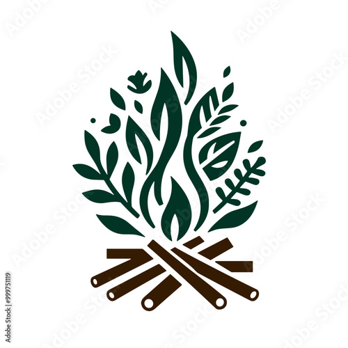 A tourist bonfire with leaves and flowers instead of flames, green-brown vector, minimalist art style, abstract look, transparent background 