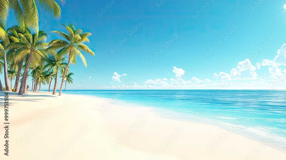 A serene beach scene with palm trees and clear blue water under a bright sky. A serene beach scene with palm trees and clear blue water under a bright sky.