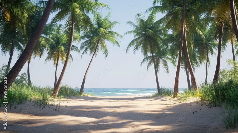 Obraz premium A serene beach pathway framed by palm trees leading to the ocean.