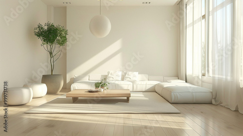 A living room with a white couch, a coffee table, and a potted plant