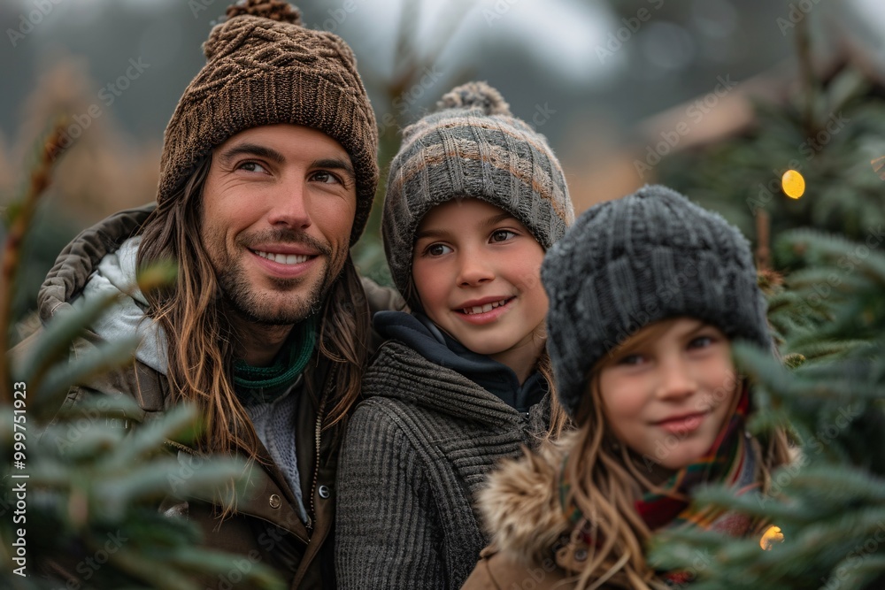 A family of four stands together among green Christmas trees, smiling and wearing cozy winter hats as they enjoy a fun holiday outing while choosing the perfect tree for their celebration A family of four stands together among green Christmas trees, smiling and wearing cozy winter hats as they enjoy a fun holiday outing while choosing the perfect tree for their celebration