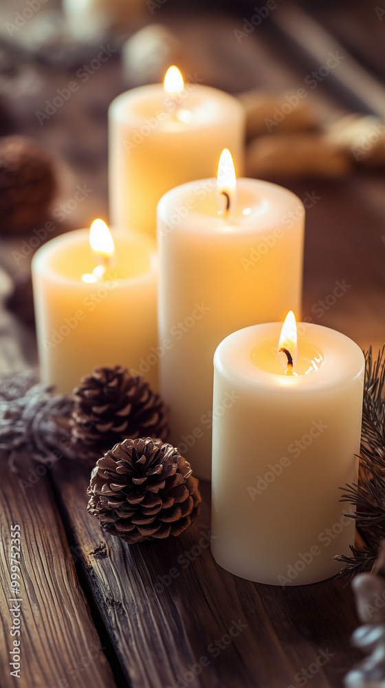 White Candles on Rustic Wooden Table with Pinecones, Autumn Mood
White Candles on Rustic Wooden Table with Pinecones, Autumn Mood