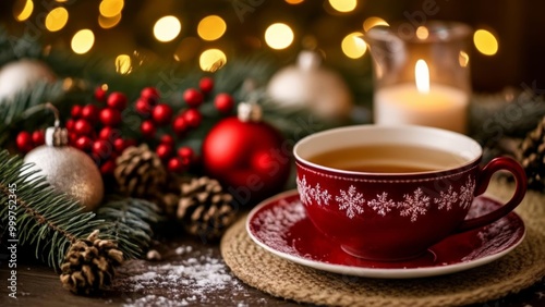  Cozy Christmas A warm cup of tea and festive decorations