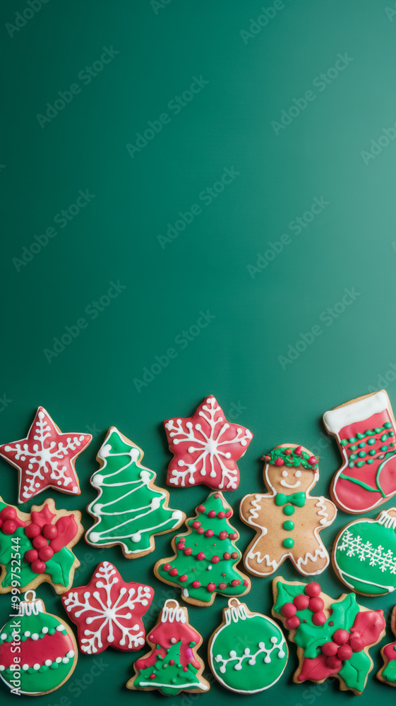 Christmas Cookies with Icing Arranged on Green Background with Copy-Space