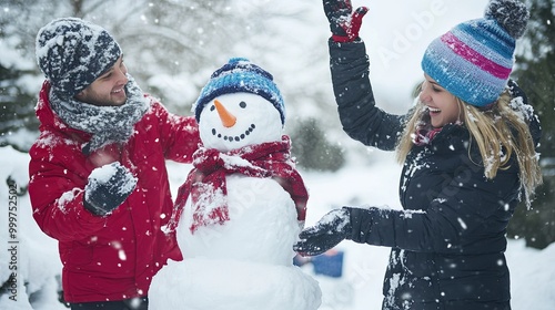 Family playing in the snow, building a snowman, winter fun, bundled up in warm clothing.
