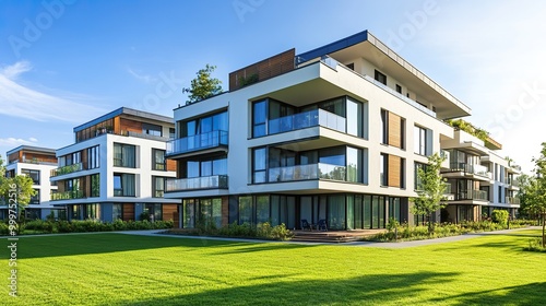 Modern residential apartment with a flat building exterior. block of flats in a green area. luxury house complex. Part of City Real estate property, condo architecture. apartment insurance concept.