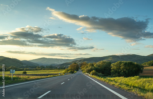 View of the higway from car.Beautiful spring landscape.High quality photo. photo