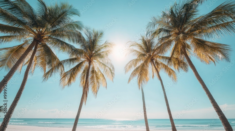 Fototapeta premium A serene beach view with palm trees and sunlight over the ocean.