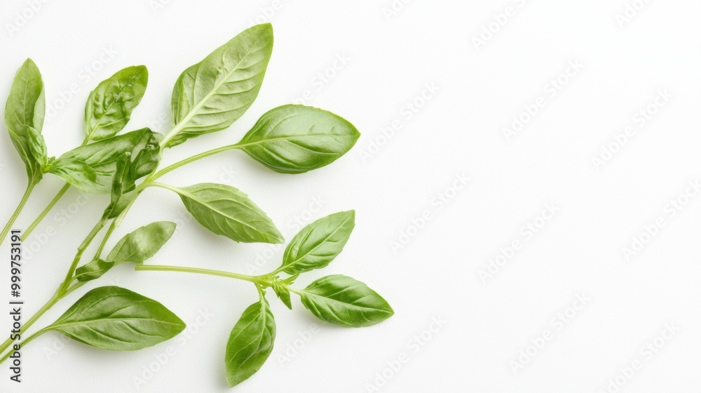 Basil Leaf Botanical Illustration, a delicate watercolor depiction of culinary herbs, showcasing the vibrant details and textures of basil on a pristine white backdrop Basil Leaf Botanical Illustration, a delicate watercolor depiction of culinary herbs, showcasing the vibrant details and textures of basil on a pristine white backdrop