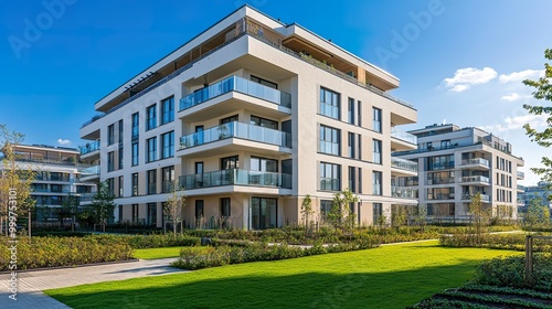 Modern residential apartment with a flat building exterior. block of flats in a green area. luxury house complex. Part of City Real estate property, condo architecture. apartment insurance concept.