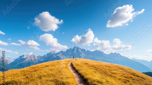 Hikers enjoying panoramic mountain views on a sunny trail.