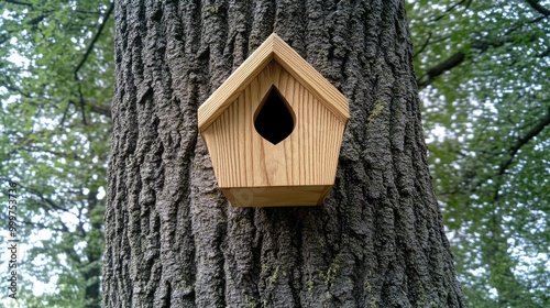 A wooden birdhouse rests on the sturdy trunk of an old oak tree, adorned with green moss, basking in the warm sunlight of spring in a serene park atmosphere