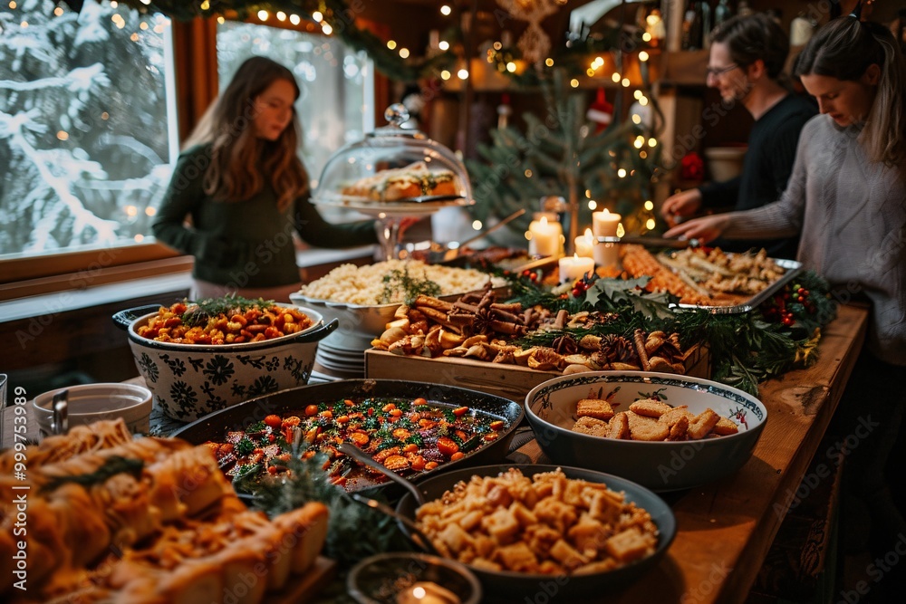 Fototapeta premium A warm and inviting holiday gathering features a variety of delicious dishes on a long table. Guests enjoy the festive atmosphere surrounded by decorated windows and candles