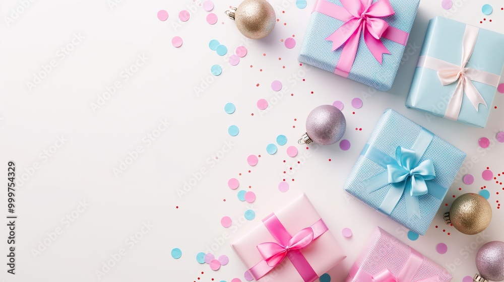 Gift boxes with ribbons and confetti on white background, top view Gift boxes with ribbons and confetti on white background, top view