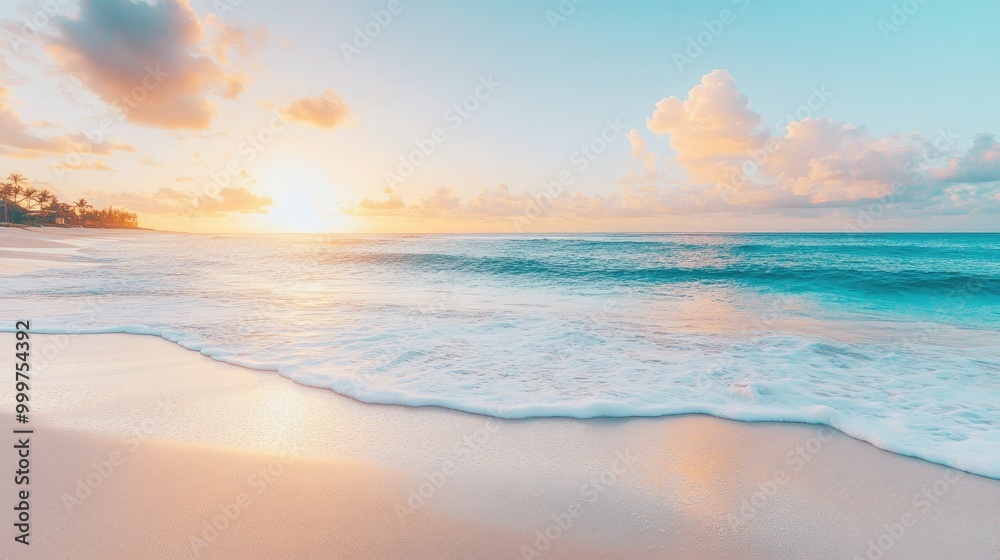 Fototapeta premium A serene beach at sunset with gentle waves and soft pastel colors in the sky.