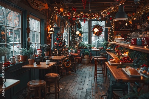 A charming cafe showcases holiday decorations with a beautifully lit Christmas tree. The counter is filled with a variety of festive treats, including sweets and pastries, inviting visitors