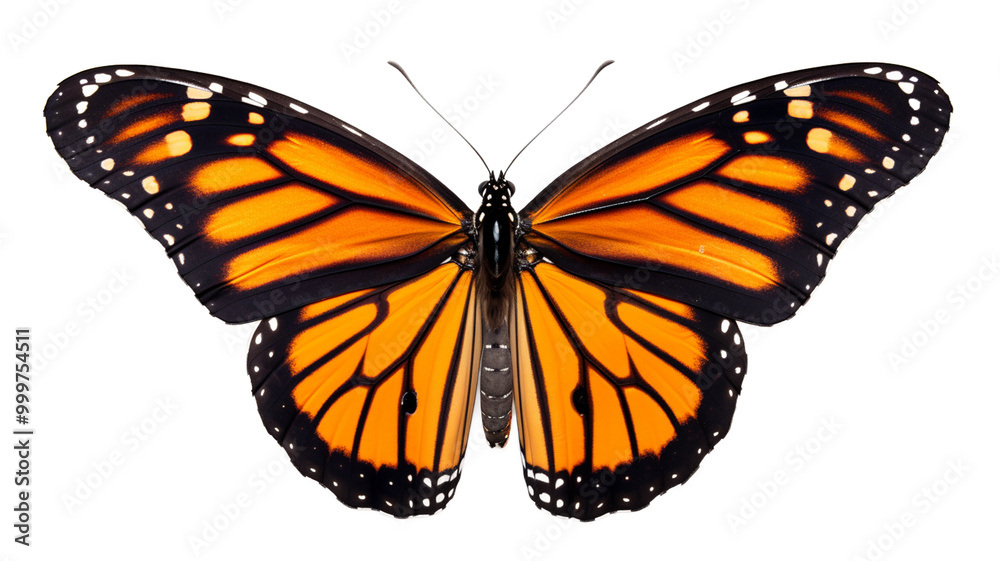 Fototapeta premium detailed close-up of a vibrant monarch butterfly, showcasing its bright orange wings with black and white markings, isolated on transparent background.