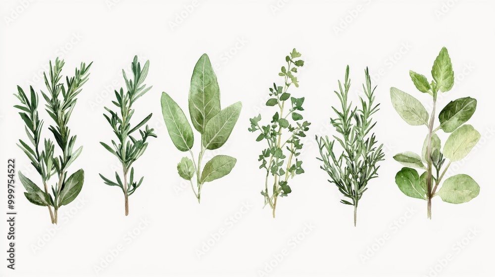 Fototapeta premium Culinary Herbs Watercolor Collection, vibrant illustration of assorted herbs, showcasing rich textures and colors, ideal for culinary inspiration and artistic display.