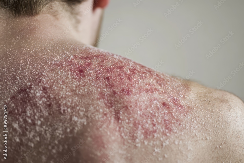 Fototapeta premium Close-up of a person's back showing skin irritation and dryness.