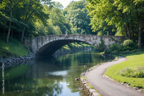 a river with a bridge and trees