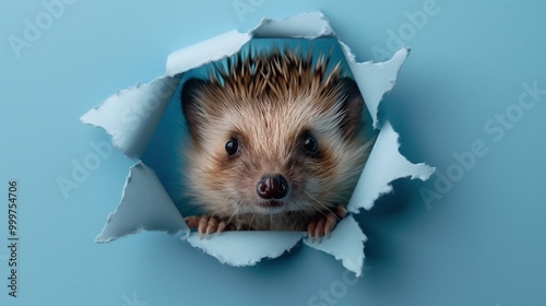 Cute hedgehog peeks through the hole in the paper wall.