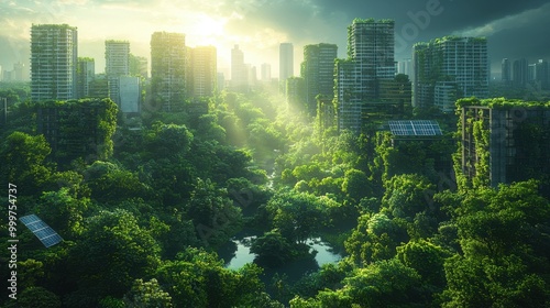 A lush, green cityscape where nature intertwines with skyscrapers, showcasing a harmonious blend of urban and natural environments under a glowing sky.