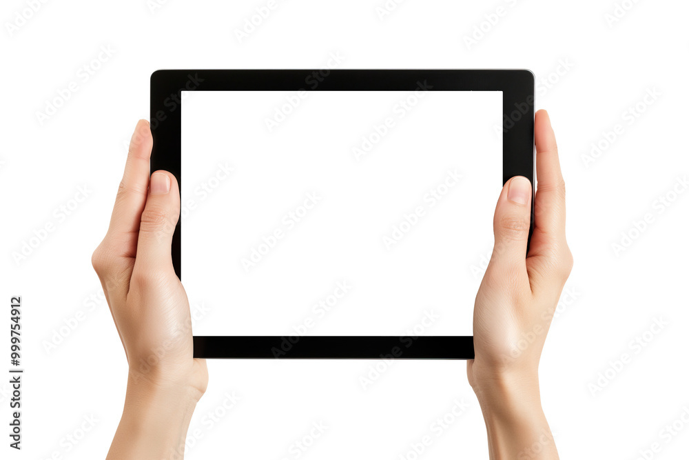 Hands holding a tablet pc with blank screen isolated on white background Hands holding a tablet pc with blank screen isolated on white background