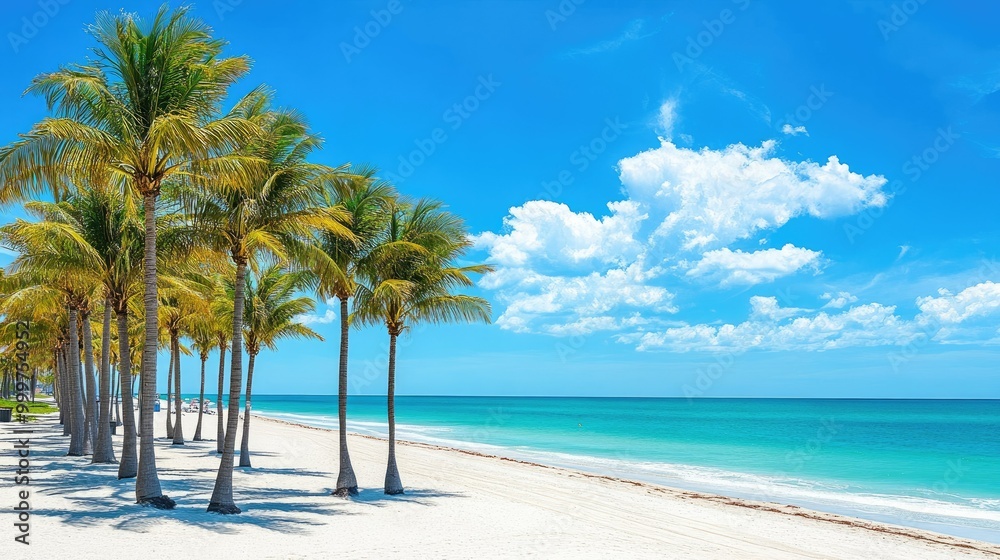 A serene beach scene with palm trees and clear blue waters under a bright sky.