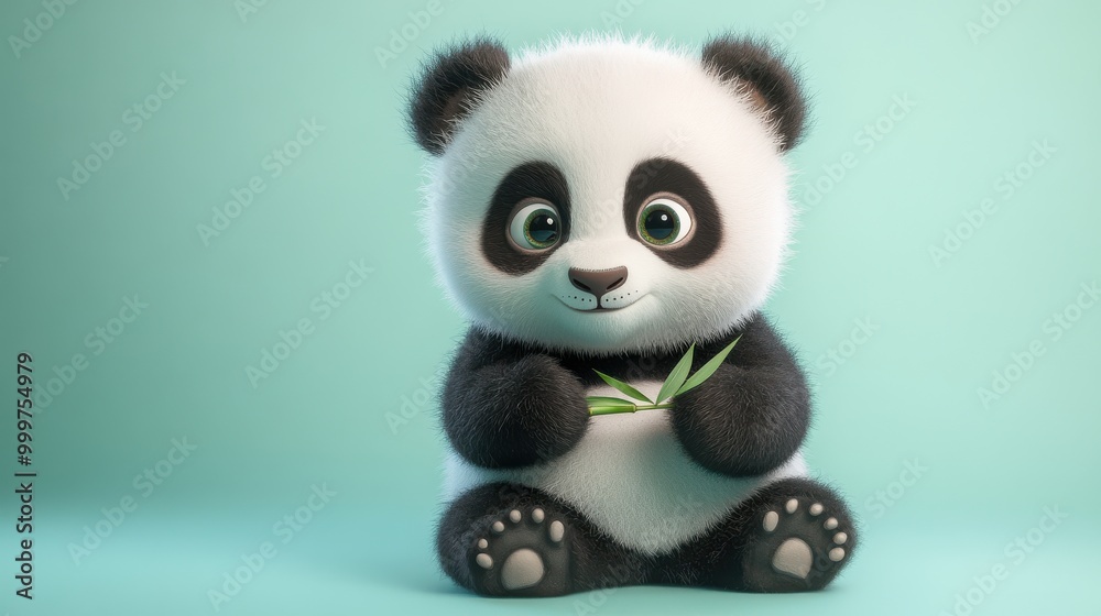 Fototapeta premium A cuddly panda cub with big round eyes, holding a small bamboo stick, sitting on a mint-colored background