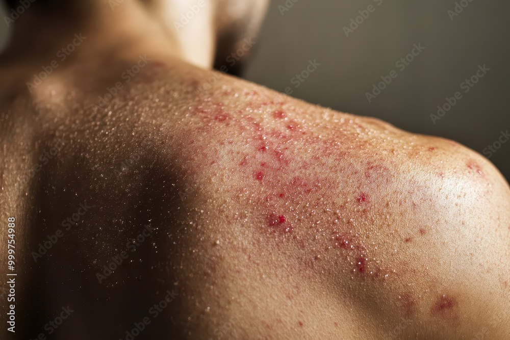 Naklejka premium Close-up of a person's back showing skin irritation and sweat.