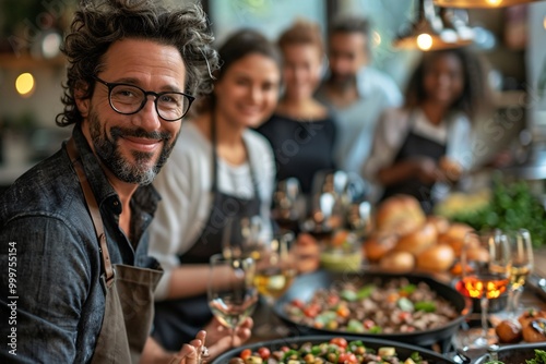 A smiling man in glasses stands in foreground while friends gather around, preparing a delicious meal together. The atmosphere is warm and inviting, filled with laughter and good food