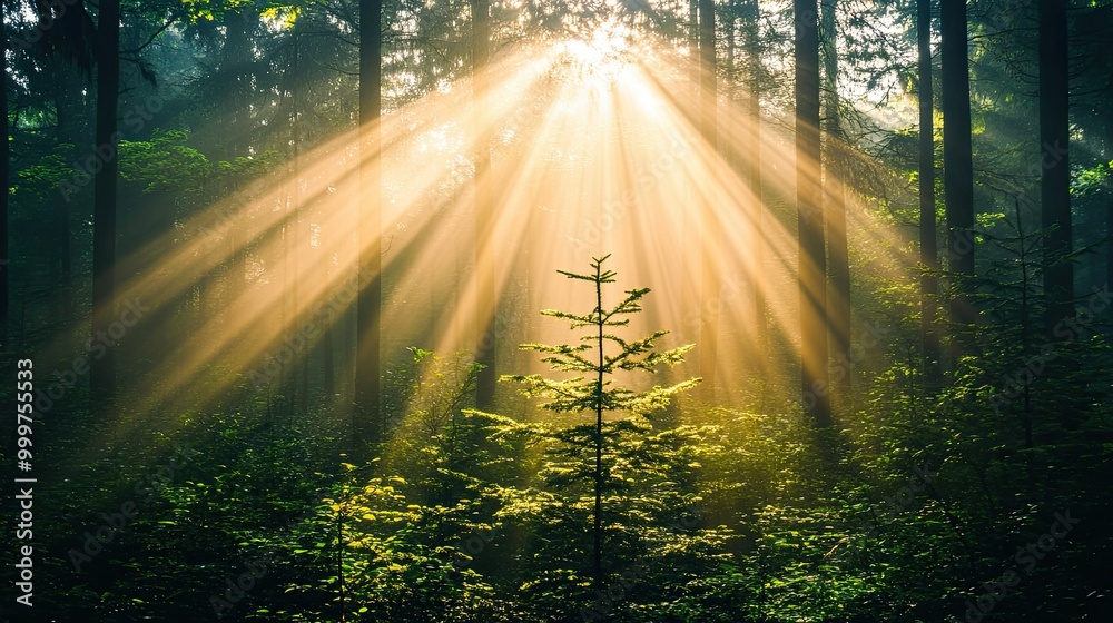 Obraz premium Sunlight streams through trees in a serene forest, creating a tranquil atmosphere.