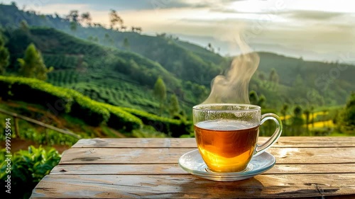 Wallpaper Mural Sip serene tea overlooking lush hills at dawn in a tranquil landscape Torontodigital.ca