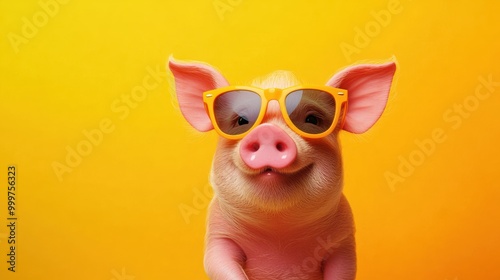 A cheerful pig wearing stylish yellow sunglasses against a vibrant orange background, radiating joy and playfulness. Generative AI