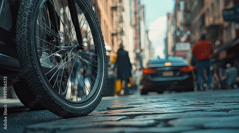 A bicycle tire side by side with a car tire on a city street, highlighting the contrast between their sizes. The urban setting includes pedestrians and street signs in the background. A bicycle tire side by side with a car tire on a city street, highlighting the contrast between their sizes. The urban setting includes pedestrians and street signs in the background.