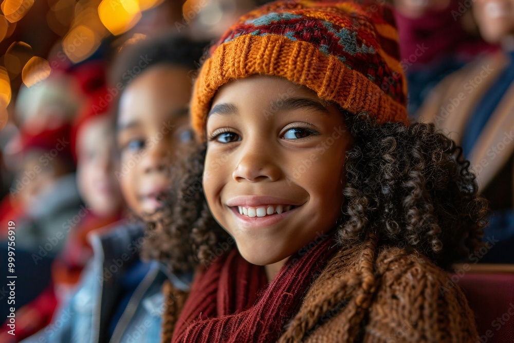 A delighted child with curly hair and a warm hat smiles brightly while seated among friends at a holiday event. The atmosphere is cheerful and festive, capturing the spirit of the season A delighted child with curly hair and a warm hat smiles brightly while seated among friends at a holiday event. The atmosphere is cheerful and festive, capturing the spirit of the season