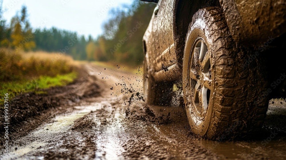A car tire stuck in the mud on a rural dirt road, spinning slightly ...