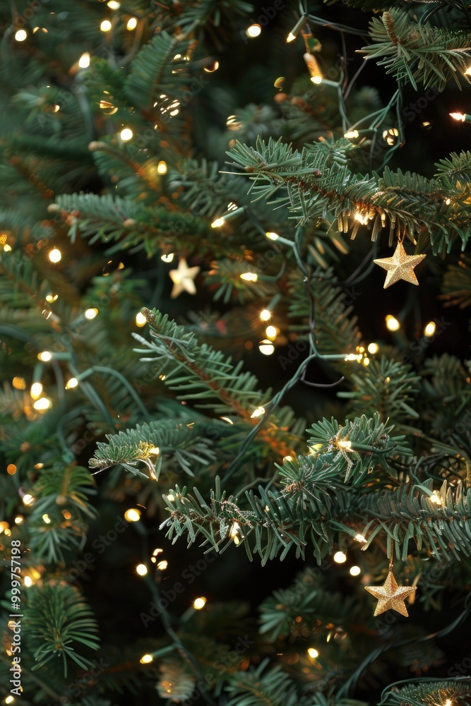 A Golden Star Ornament Hanging on a Christmas Tree with Twinkling Lights A Golden Star Ornament Hanging on a Christmas Tree with Twinkling Lights