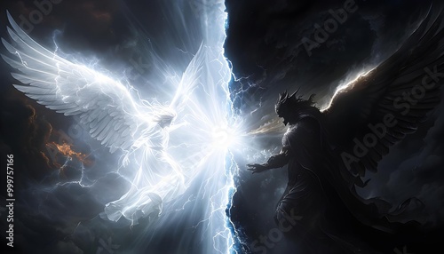 Dramatic angels in battle with light and dark energy, epic fantasy art, heavenly conflict