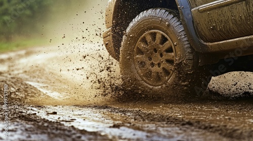 A car tire stuck in the mud on a rural dirt road, spinning slightly. Mud splatters across the tires sidewall, showcasing the difficulty of off-road conditions.