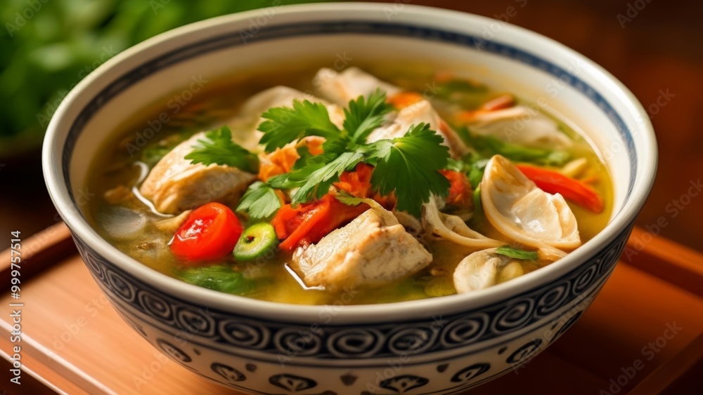 Delicious Asian noodle soup with fresh herbs and vegetables Delicious Asian noodle soup with fresh herbs and vegetables